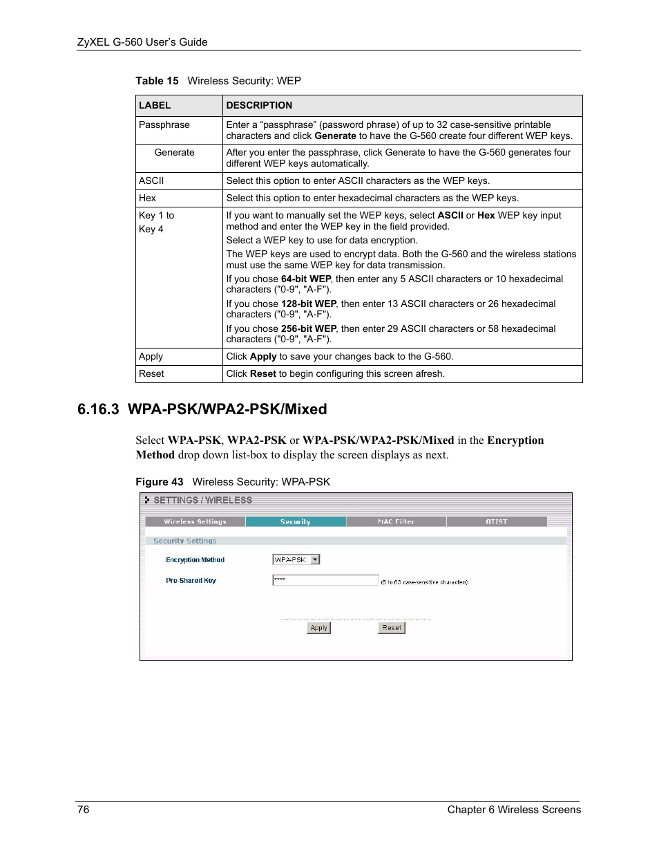 3 wpa-psk/wpa2-psk/mixed, Figure 43 wireless security: wpa-psk | ZyXEL Communications 802.11g Wireless Access Point ZyXEL G-560 User Manual | Page 76 / 144