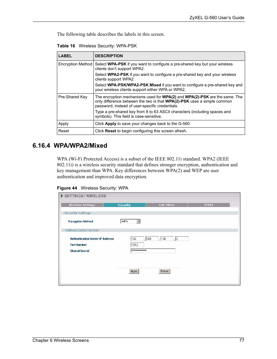 4 wpa/wpa2/mixed, Figure 44 wireless security: wpa, Table 16 wireless security: wpa-psk | ZyXEL Communications 802.11g Wireless Access Point ZyXEL G-560 User Manual | Page 77 / 144