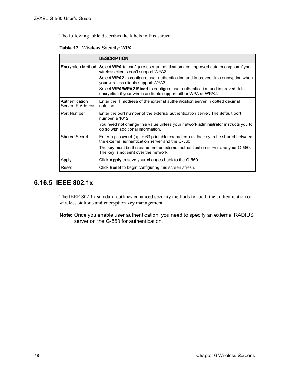 5 ieee 802.1x, Table 17 wireless security: wpa | ZyXEL Communications 802.11g Wireless Access Point ZyXEL G-560 User Manual | Page 78 / 144
