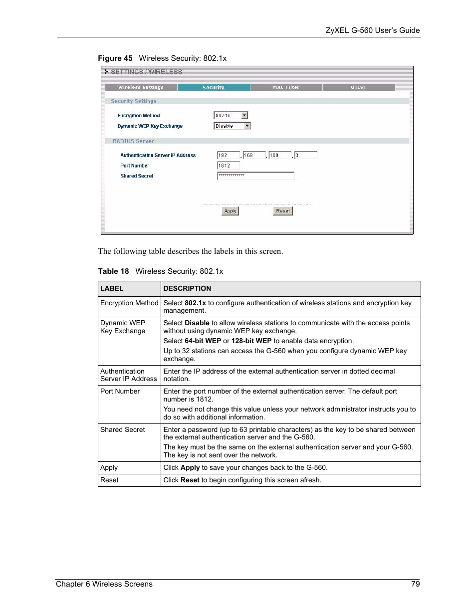 Figure 45 wireless security: 802.1x, Table 18 wireless security: 802.1x | ZyXEL Communications 802.11g Wireless Access Point ZyXEL G-560 User Manual | Page 79 / 144