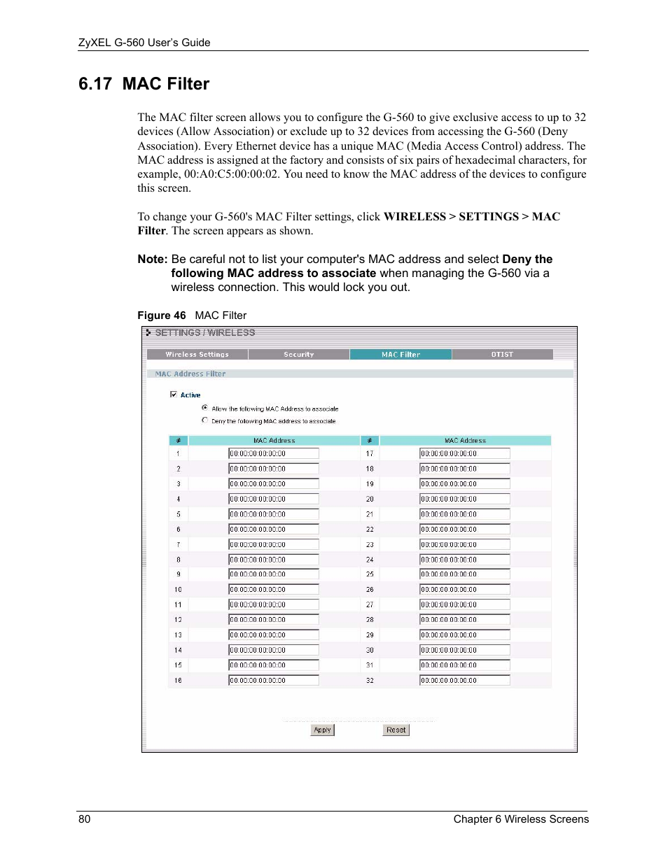 17 mac filter, Figure 46 mac filter | ZyXEL Communications 802.11g Wireless Access Point ZyXEL G-560 User Manual | Page 80 / 144