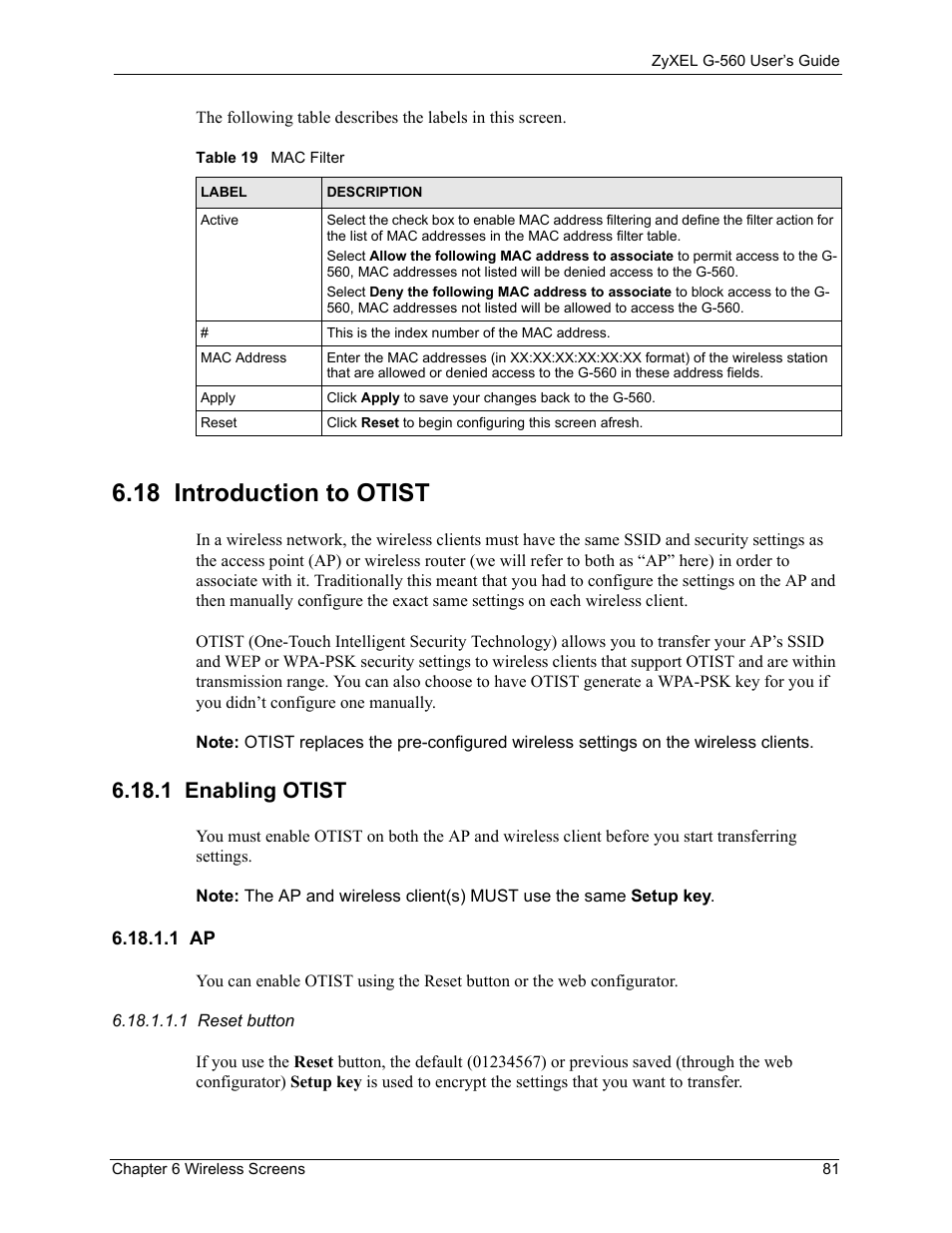 18 introduction to otist, 1 enabling otist, 1 ap | Table 19 mac filter | ZyXEL Communications 802.11g Wireless Access Point ZyXEL G-560 User Manual | Page 81 / 144
