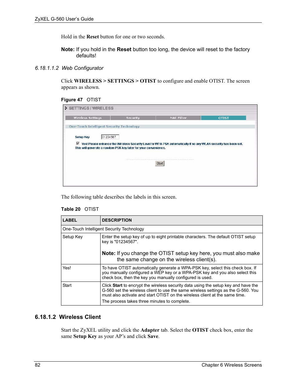 2 wireless client, Figure 47 otist, Table 20 otist | ZyXEL Communications 802.11g Wireless Access Point ZyXEL G-560 User Manual | Page 82 / 144