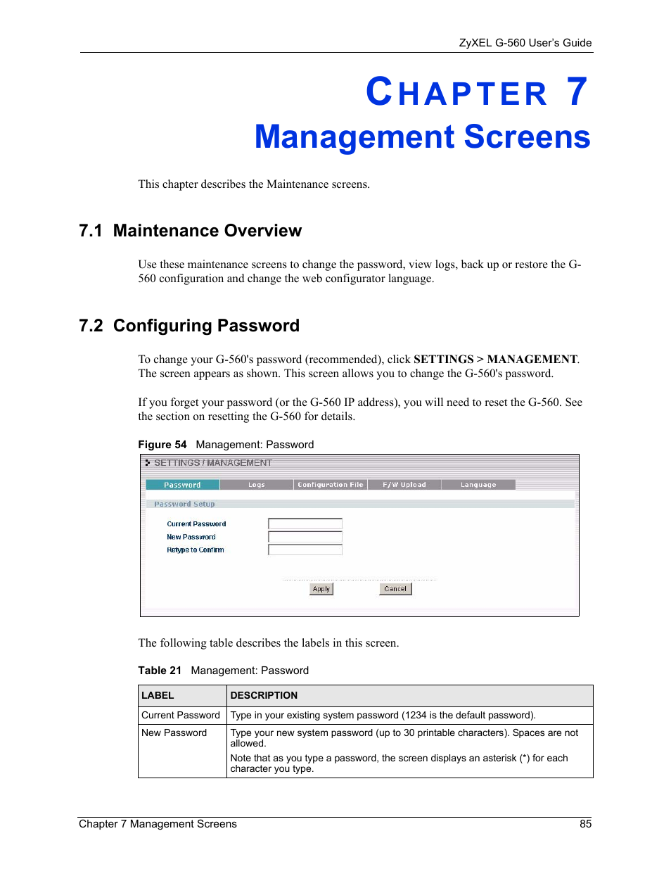 Management screens, 1 maintenance overview, 2 configuring password | Chapter 7 management screens, 1 maintenance overview 7.2 configuring password, Figure 54 management: password, Table 21 management: password | ZyXEL Communications 802.11g Wireless Access Point ZyXEL G-560 User Manual | Page 85 / 144