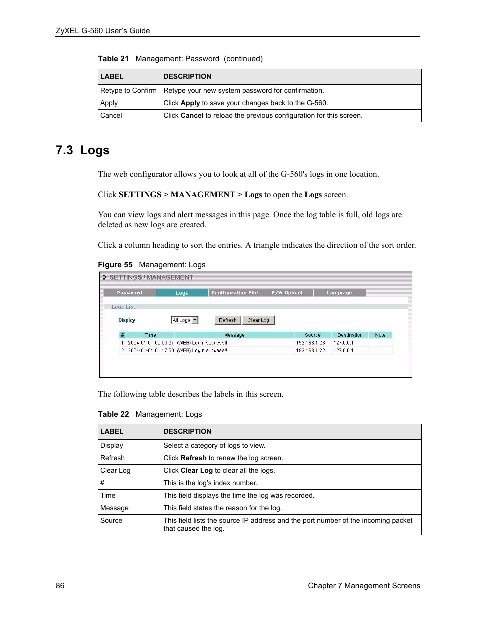 3 logs, Figure 55 management: logs, Table 22 management: logs | ZyXEL Communications 802.11g Wireless Access Point ZyXEL G-560 User Manual | Page 86 / 144