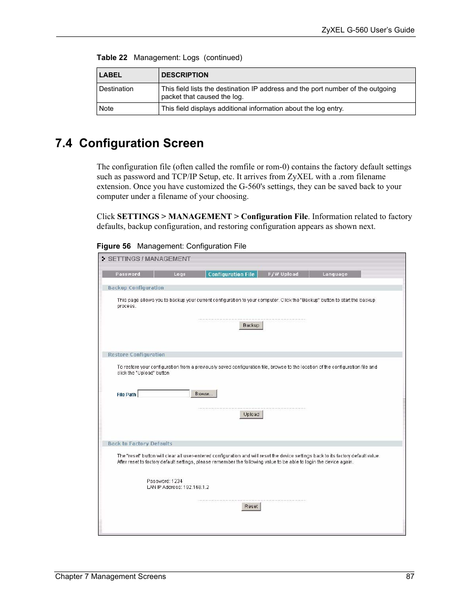 4 configuration screen, Figure 56 management: configuration file | ZyXEL Communications 802.11g Wireless Access Point ZyXEL G-560 User Manual | Page 87 / 144