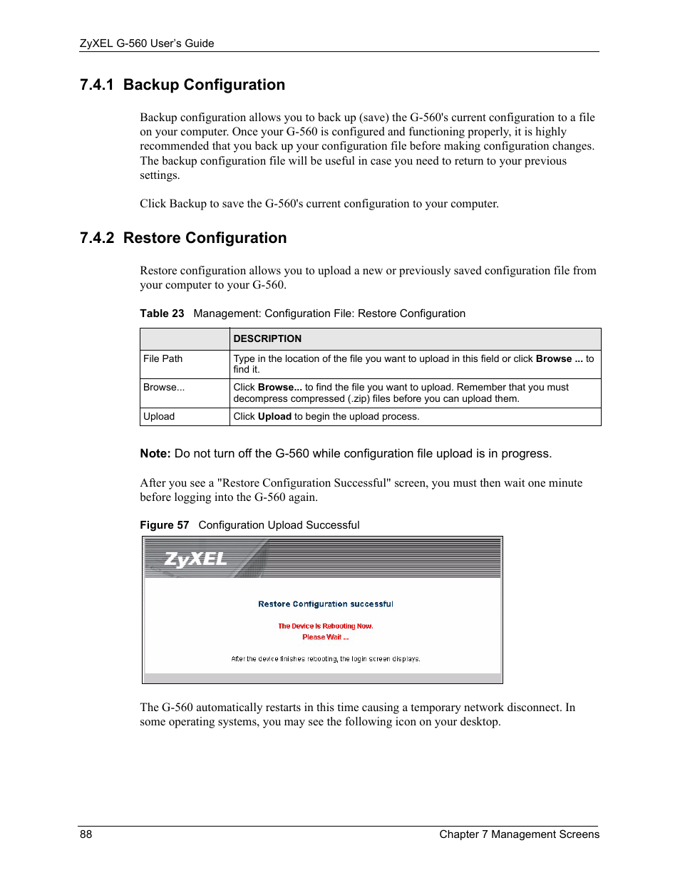 1 backup configuration, 2 restore configuration, 1 backup configuration 7.4.2 restore configuration | Figure 57 configuration upload successful | ZyXEL Communications 802.11g Wireless Access Point ZyXEL G-560 User Manual | Page 88 / 144