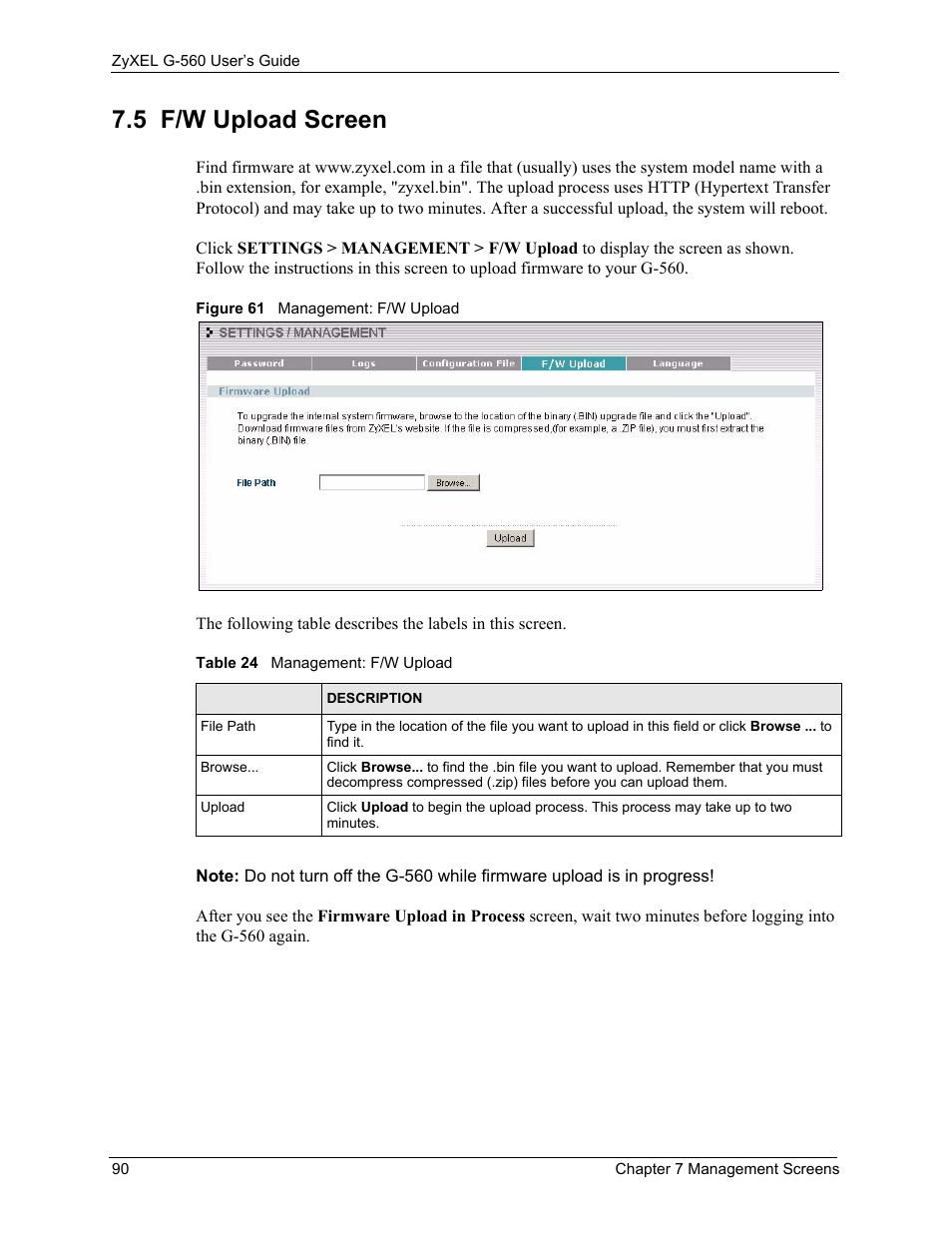 5 f/w upload screen, Figure 61 management: f/w upload, Table 24 management: f/w upload | ZyXEL Communications 802.11g Wireless Access Point ZyXEL G-560 User Manual | Page 90 / 144