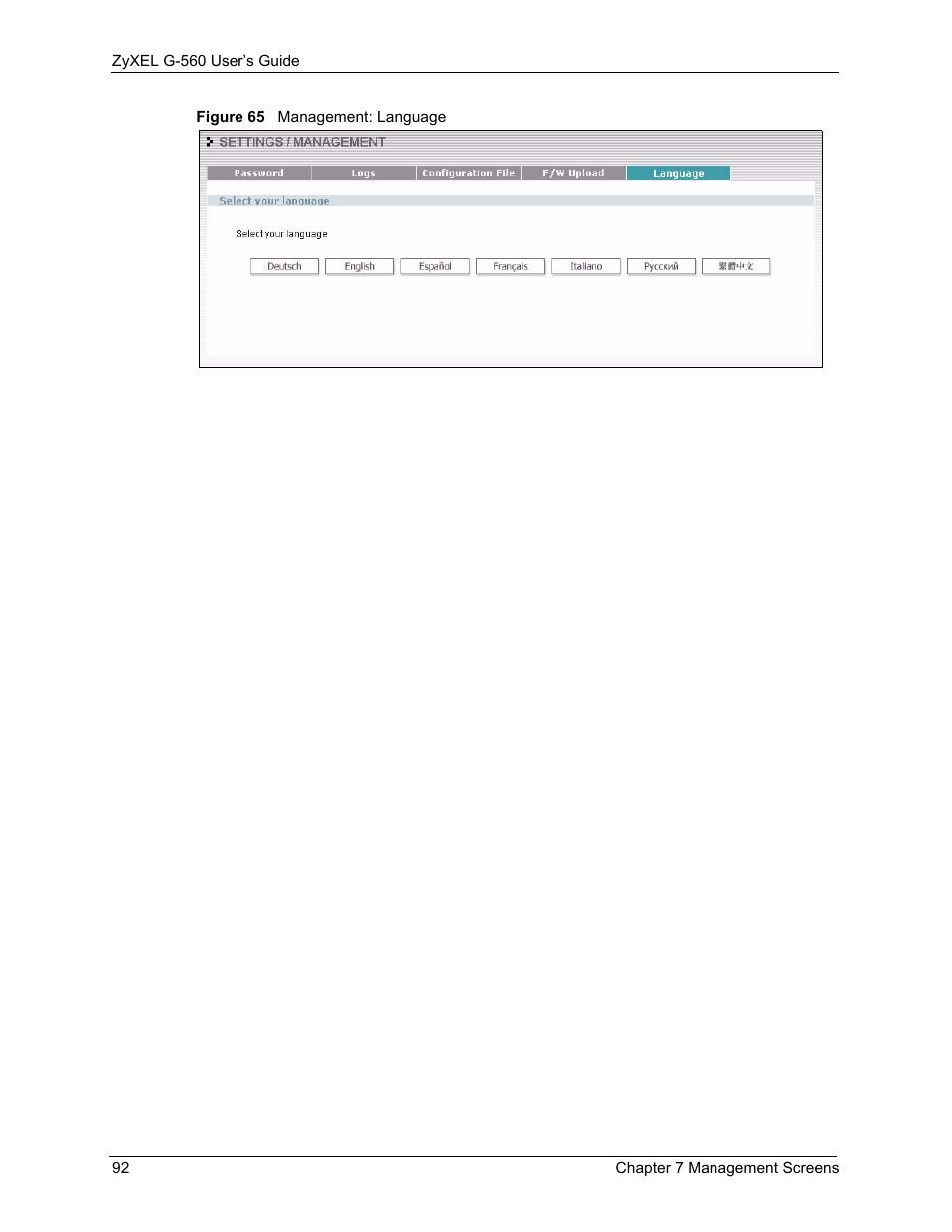 Figure 65 management: language | ZyXEL Communications 802.11g Wireless Access Point ZyXEL G-560 User Manual | Page 92 / 144