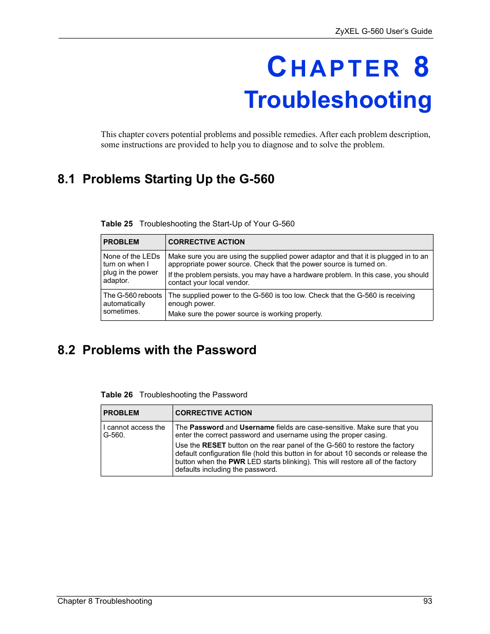 Troubleshooting, 1 problems starting up the g-560, 2 problems with the password | Chapter 8 troubleshooting | ZyXEL Communications 802.11g Wireless Access Point ZyXEL G-560 User Manual | Page 93 / 144