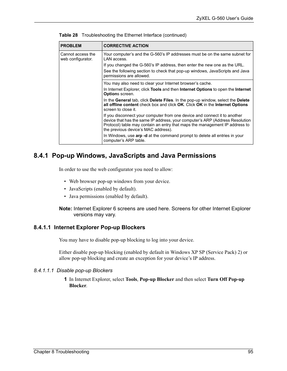 1 pop-up windows, javascripts and java permissions, 1 internet explorer pop-up blockers | ZyXEL Communications 802.11g Wireless Access Point ZyXEL G-560 User Manual | Page 95 / 144
