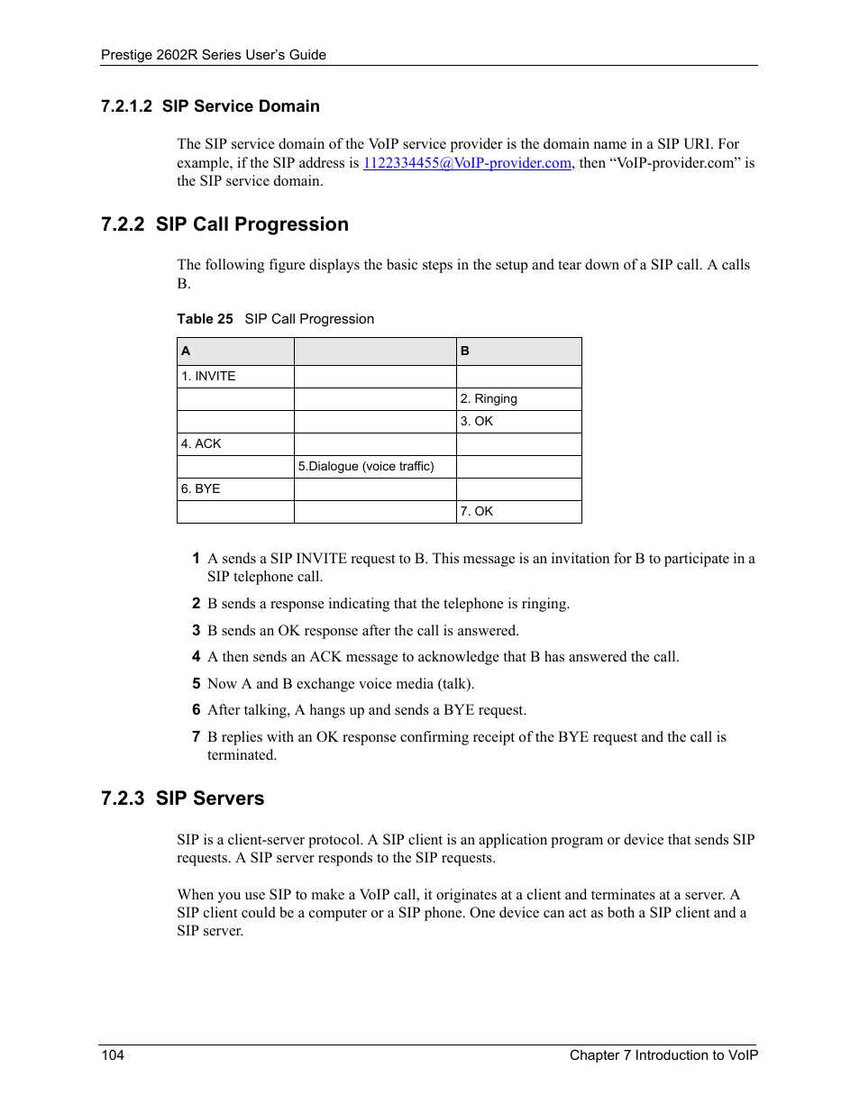 2 sip service domain, 2 sip call progression, 3 sip servers | 2 sip call progression 7.2.3 sip servers, Table 25 sip call progression | ZyXEL Communications Prestige 2602R Series User Manual | Page 104 / 450