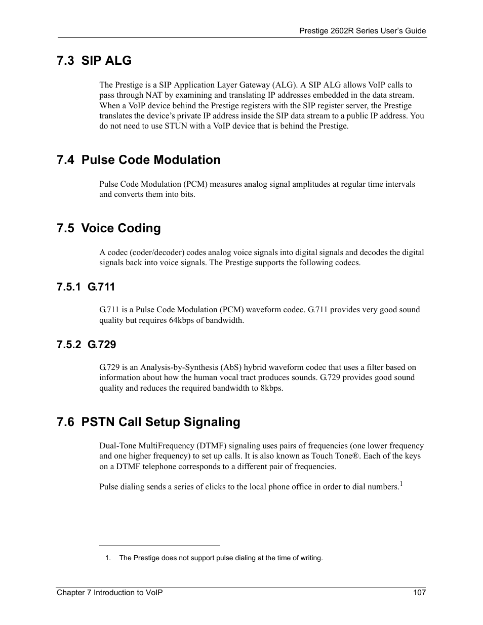 3 sip alg, 4 pulse code modulation, 5 voice coding | 1 g.711, 2 g.729, 6 pstn call setup signaling, 1 g.711 7.5.2 g.729 | ZyXEL Communications Prestige 2602R Series User Manual | Page 107 / 450