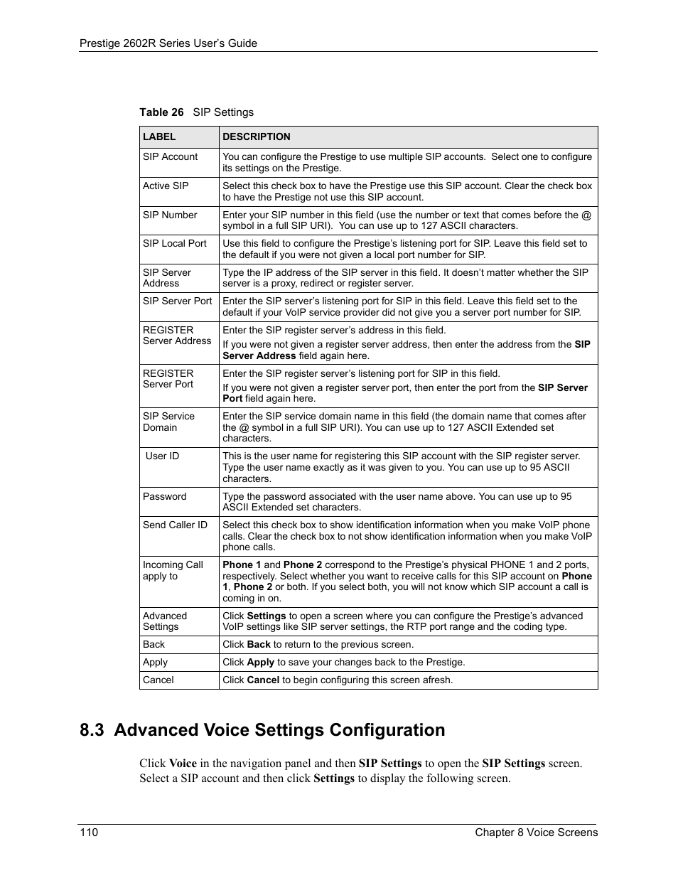3 advanced voice settings configuration, Table 26 sip settings | ZyXEL Communications Prestige 2602R Series User Manual | Page 110 / 450