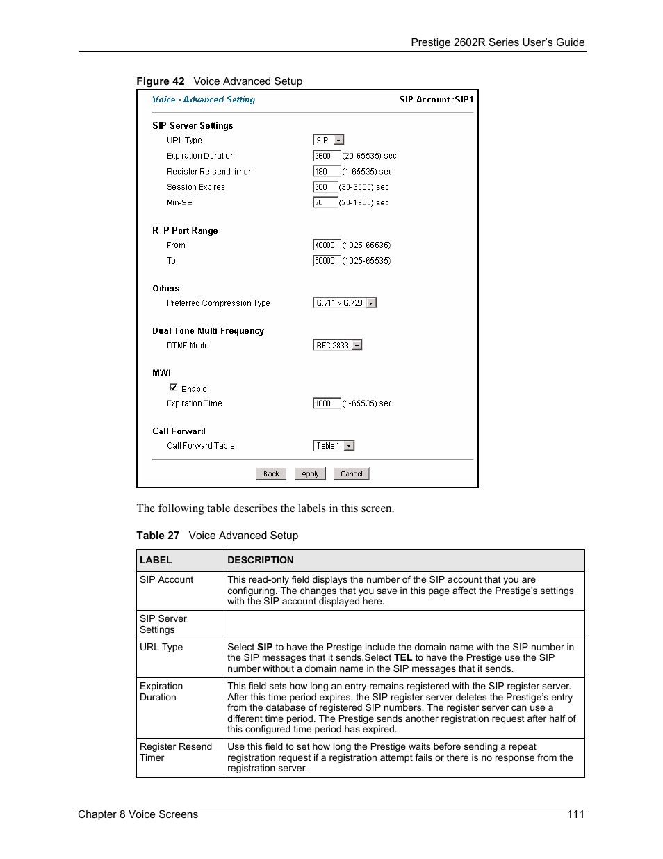 Figure 42 voice advanced setup, Table 27 voice advanced setup | ZyXEL Communications Prestige 2602R Series User Manual | Page 111 / 450