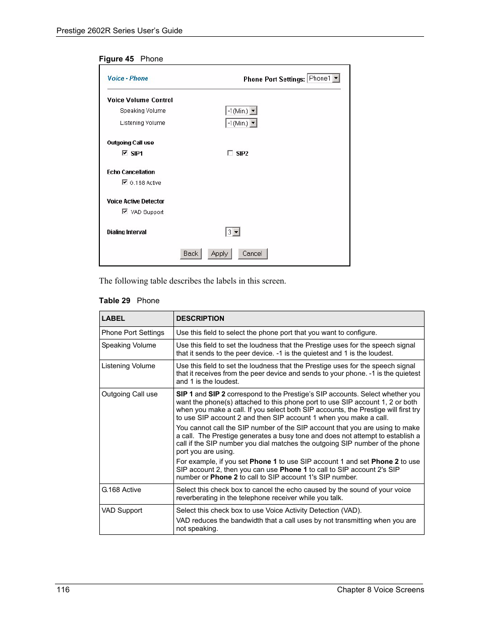 Figure 45 phone, Table 29 phone | ZyXEL Communications Prestige 2602R Series User Manual | Page 116 / 450