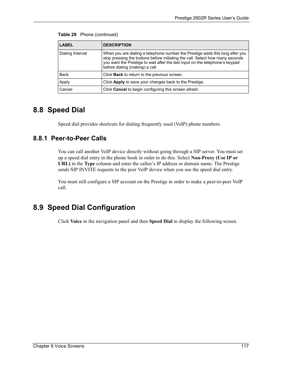 8 speed dial, 1 peer-to-peer calls, 9 speed dial configuration | ZyXEL Communications Prestige 2602R Series User Manual | Page 117 / 450