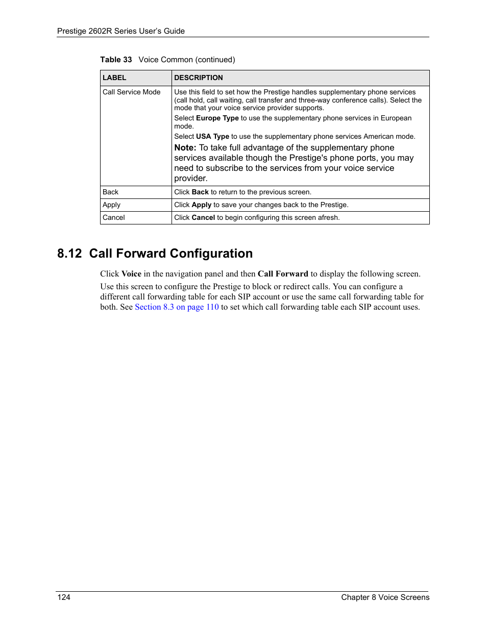 12 call forward configuration, All forwarding (see | ZyXEL Communications Prestige 2602R Series User Manual | Page 124 / 450