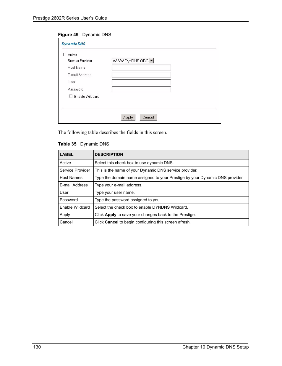 Figure 49 dynamic dns, Table 35 dynamic dns | ZyXEL Communications Prestige 2602R Series User Manual | Page 130 / 450