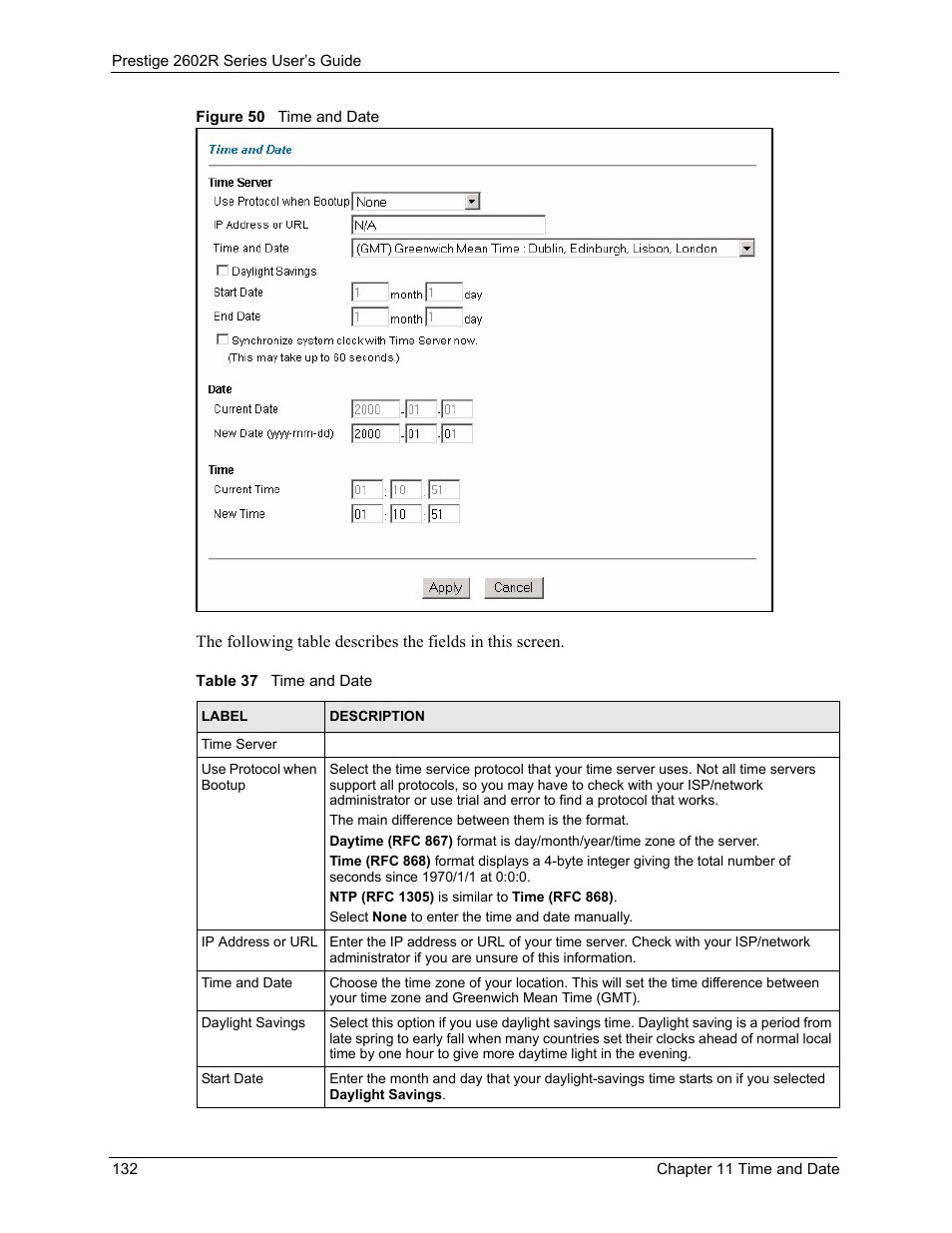 Figure 50 time and date, Table 37 time and date | ZyXEL Communications Prestige 2602R Series User Manual | Page 132 / 450