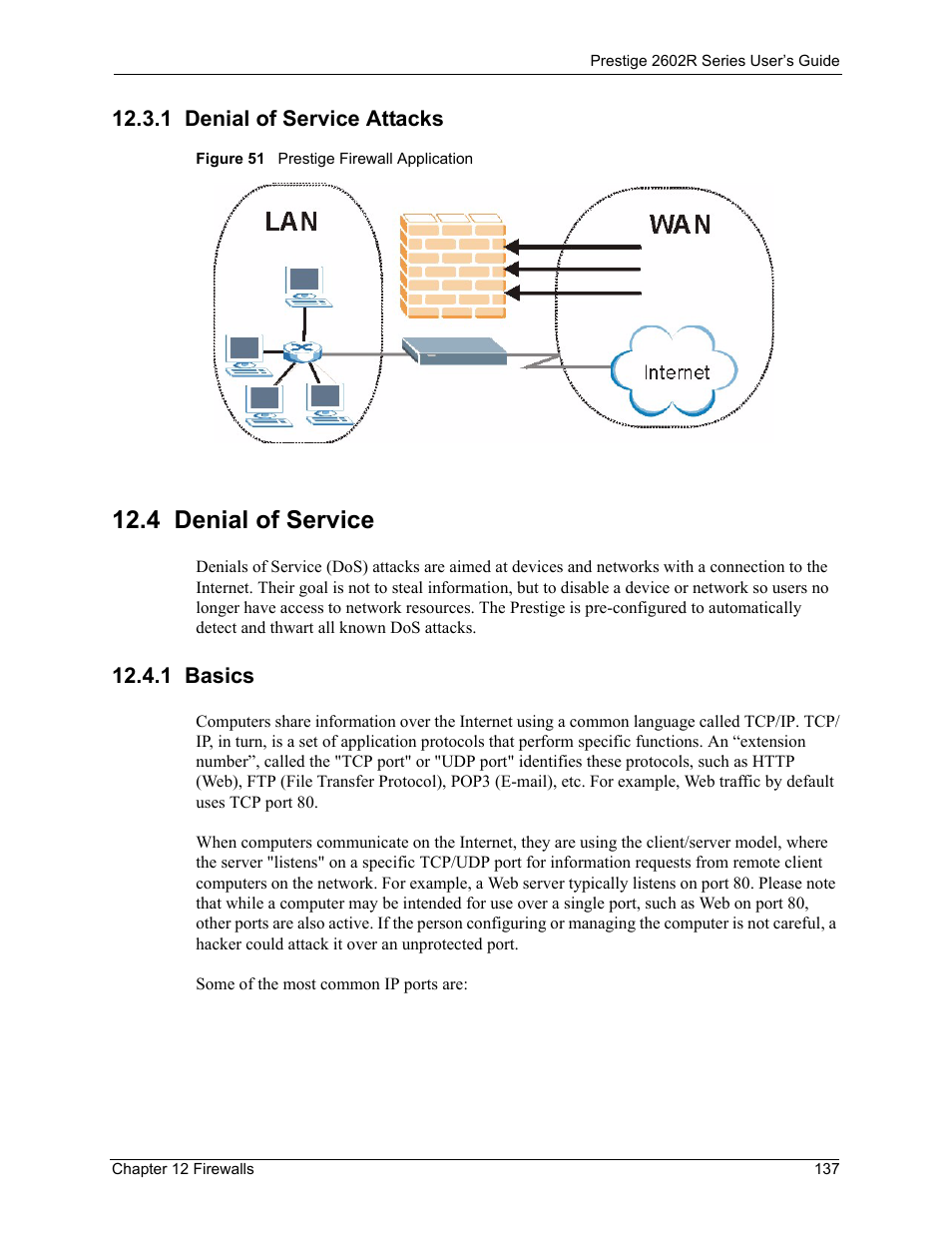 1 denial of service attacks, 4 denial of service, 1 basics | Figure 51 prestige firewall application | ZyXEL Communications Prestige 2602R Series User Manual | Page 137 / 450