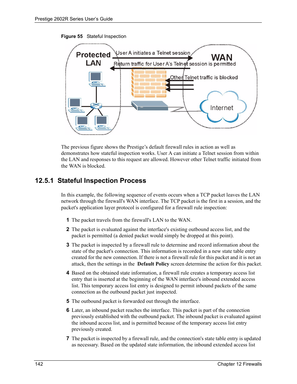 1 stateful inspection process, Figure 55 stateful inspection | ZyXEL Communications Prestige 2602R Series User Manual | Page 142 / 450