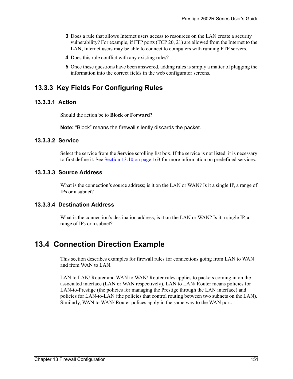 3 key fields for configuring rules, 1 action, 2 service | 3 source address, 4 destination address, 4 connection direction example | ZyXEL Communications Prestige 2602R Series User Manual | Page 151 / 450