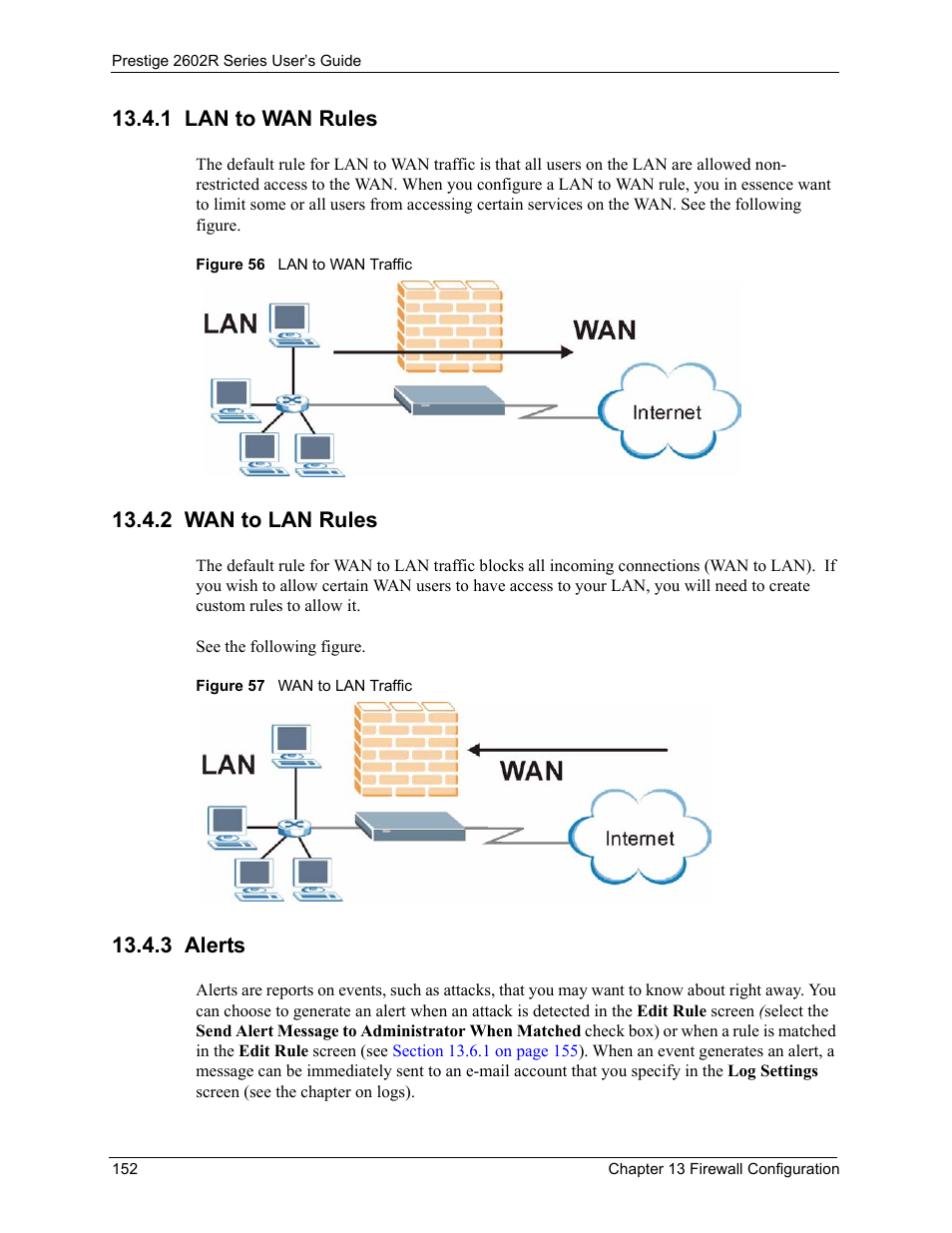 1 lan to wan rules, 2 wan to lan rules, 3 alerts | ZyXEL Communications Prestige 2602R Series User Manual | Page 152 / 450