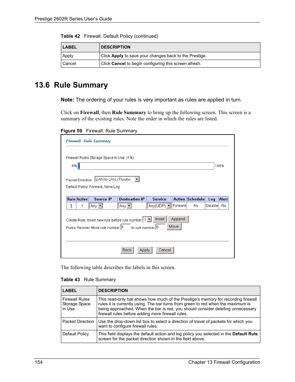 6 rule summary, Figure 59 firewall: rule summary, Table 43 rule summary | ZyXEL Communications Prestige 2602R Series User Manual | Page 154 / 450