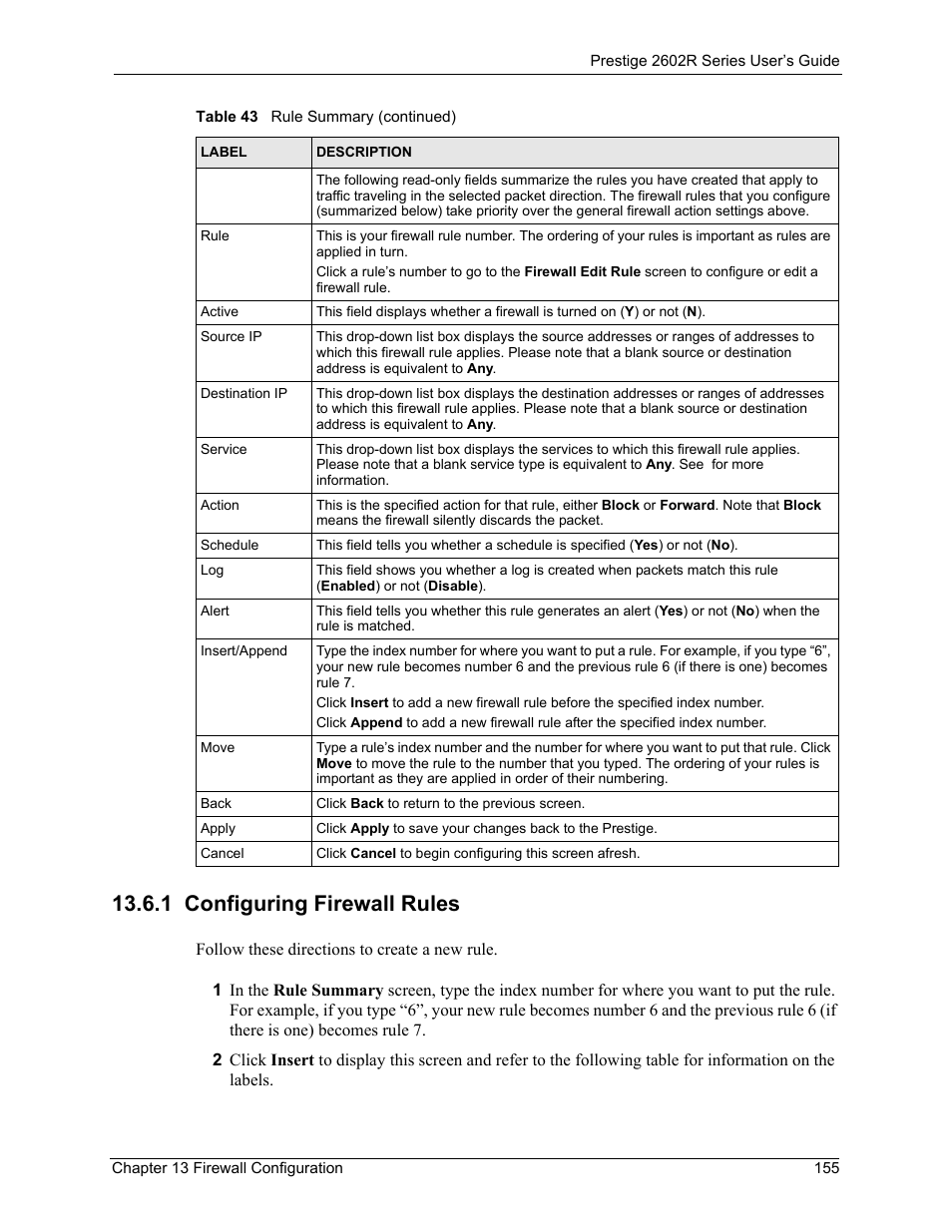 1 configuring firewall rules | ZyXEL Communications Prestige 2602R Series User Manual | Page 155 / 450