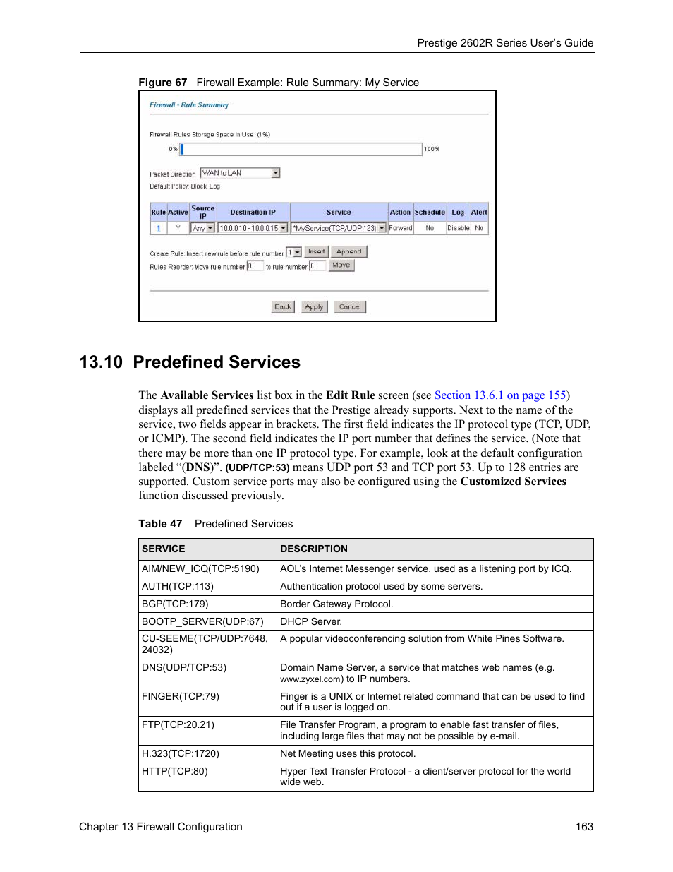 10 predefined services, Table 47 predefined services | ZyXEL Communications Prestige 2602R Series User Manual | Page 163 / 450