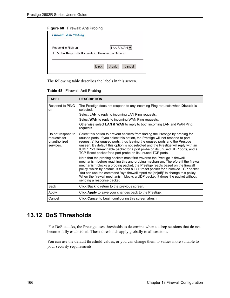 12 dos thresholds, Figure 68 firewall: anti probing, Table 48 firewall: anti probing | ZyXEL Communications Prestige 2602R Series User Manual | Page 166 / 450