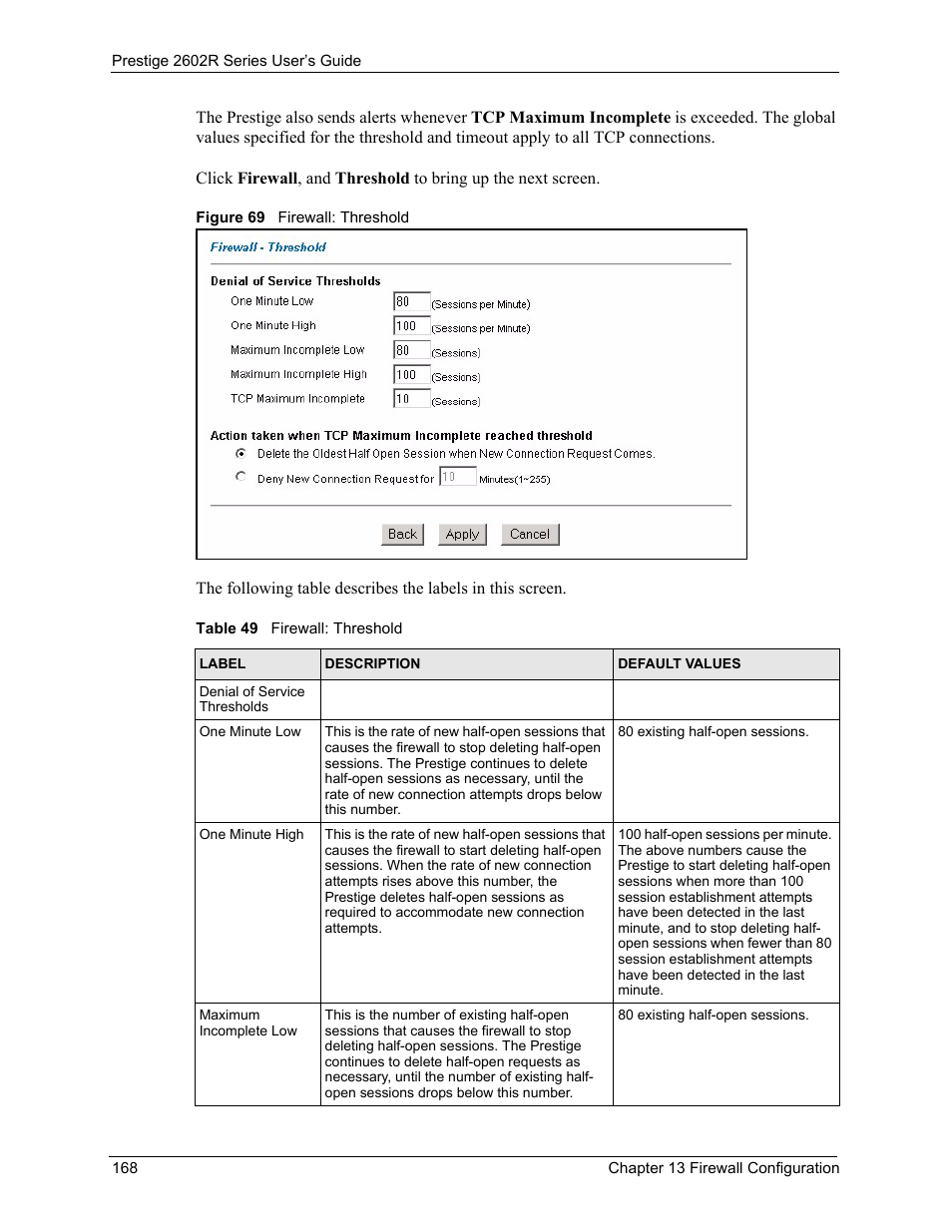 Figure 69 firewall: threshold, Table 49 firewall: threshold | ZyXEL Communications Prestige 2602R Series User Manual | Page 168 / 450