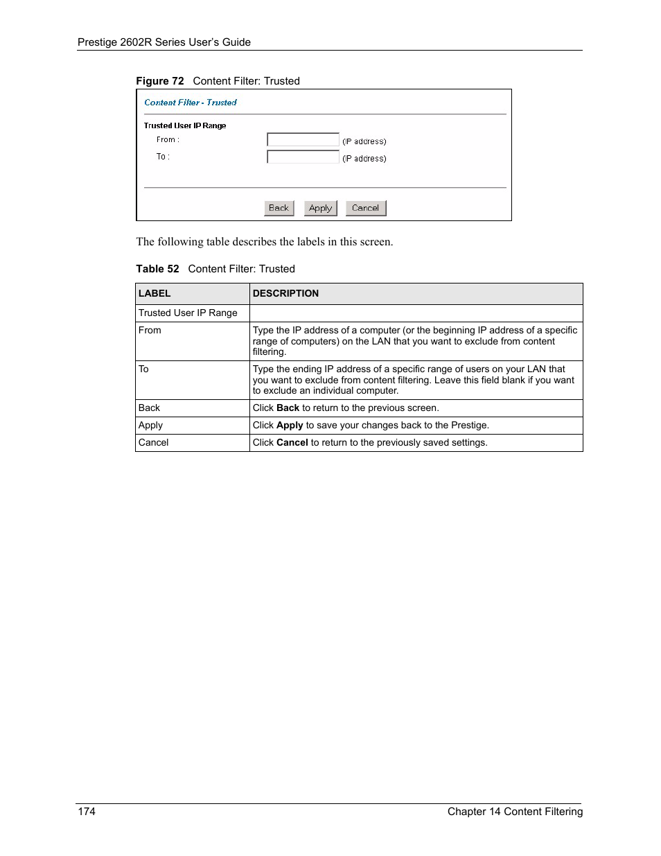 Figure 72 content filter: trusted, Table 52 content filter: trusted | ZyXEL Communications Prestige 2602R Series User Manual | Page 174 / 450