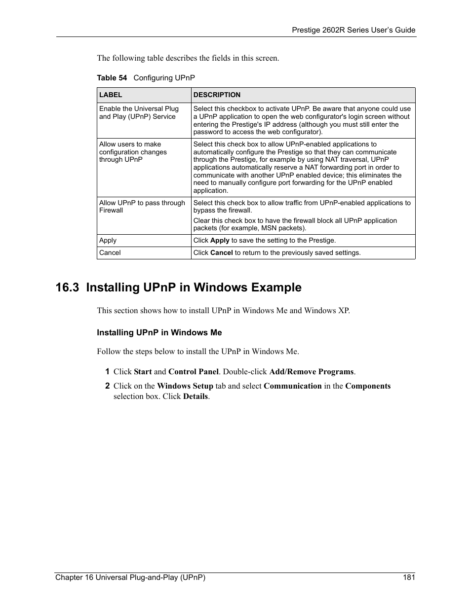 3 installing upnp in windows example, Table 54 configuring upnp | ZyXEL Communications Prestige 2602R Series User Manual | Page 181 / 450