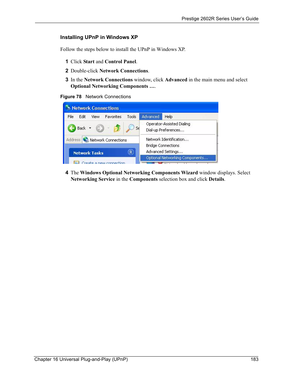 Figure 78 network connections | ZyXEL Communications Prestige 2602R Series User Manual | Page 183 / 450