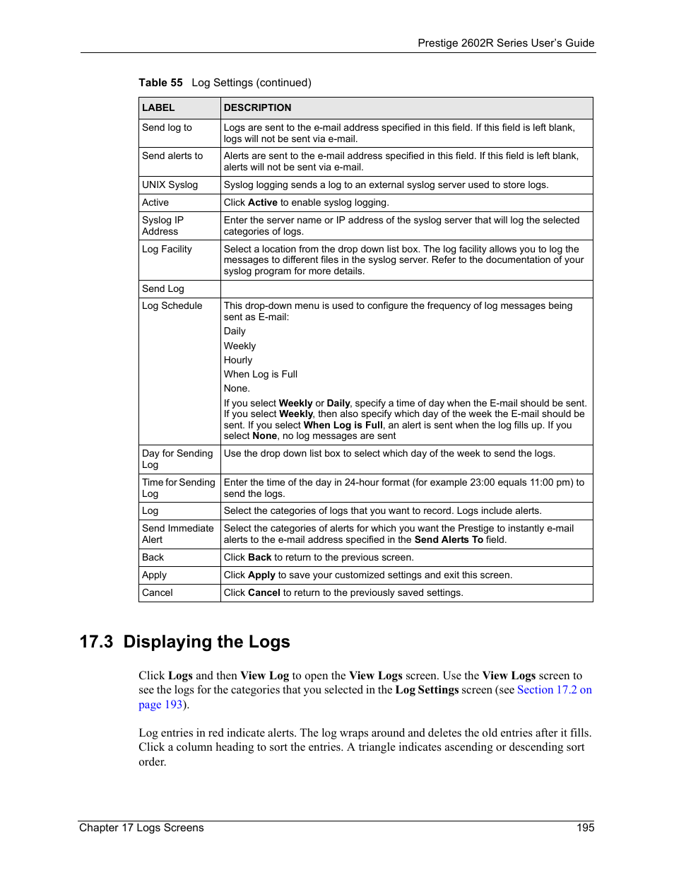 3 displaying the logs | ZyXEL Communications Prestige 2602R Series User Manual | Page 195 / 450