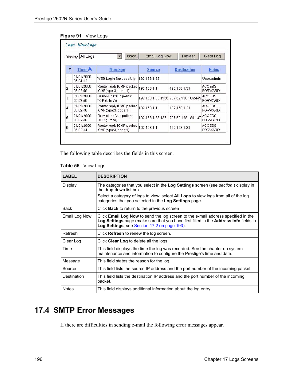 4 smtp error messages, Figure 91 view logs, Table 56 view logs | ZyXEL Communications Prestige 2602R Series User Manual | Page 196 / 450