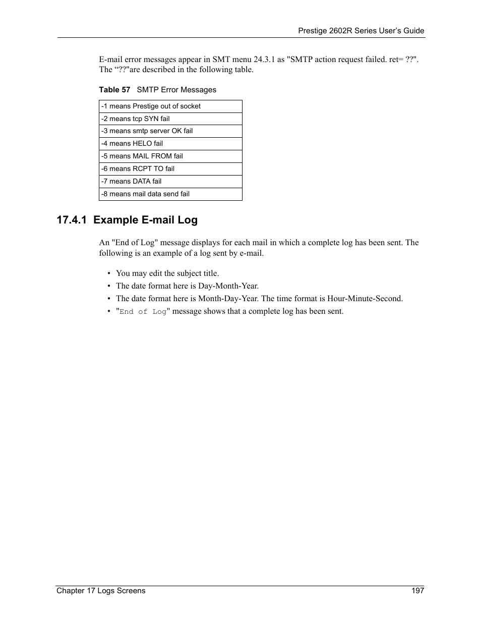 1 example e-mail log, Table 57 smtp error messages | ZyXEL Communications Prestige 2602R Series User Manual | Page 197 / 450