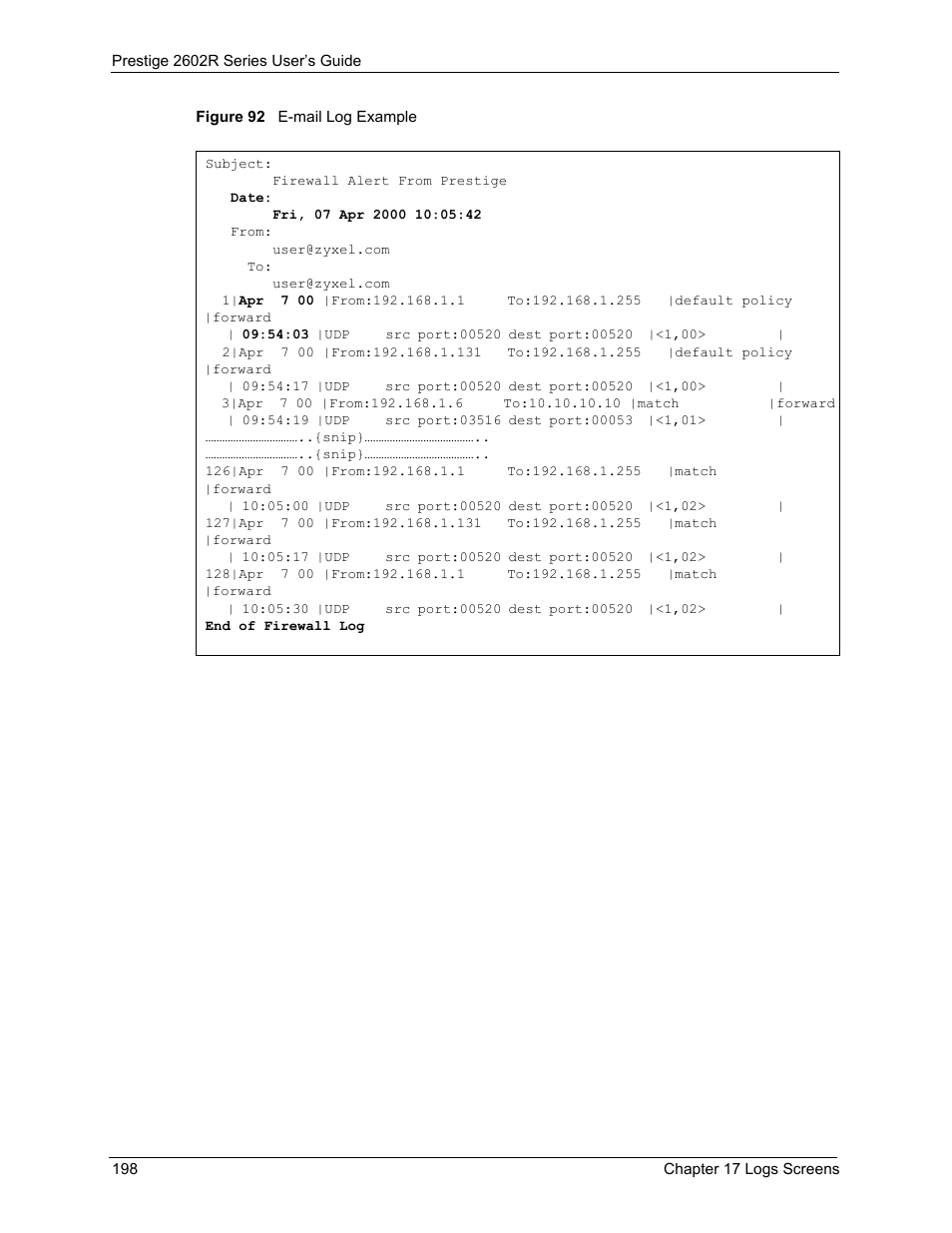Figure 92 e-mail log example | ZyXEL Communications Prestige 2602R Series User Manual | Page 198 / 450