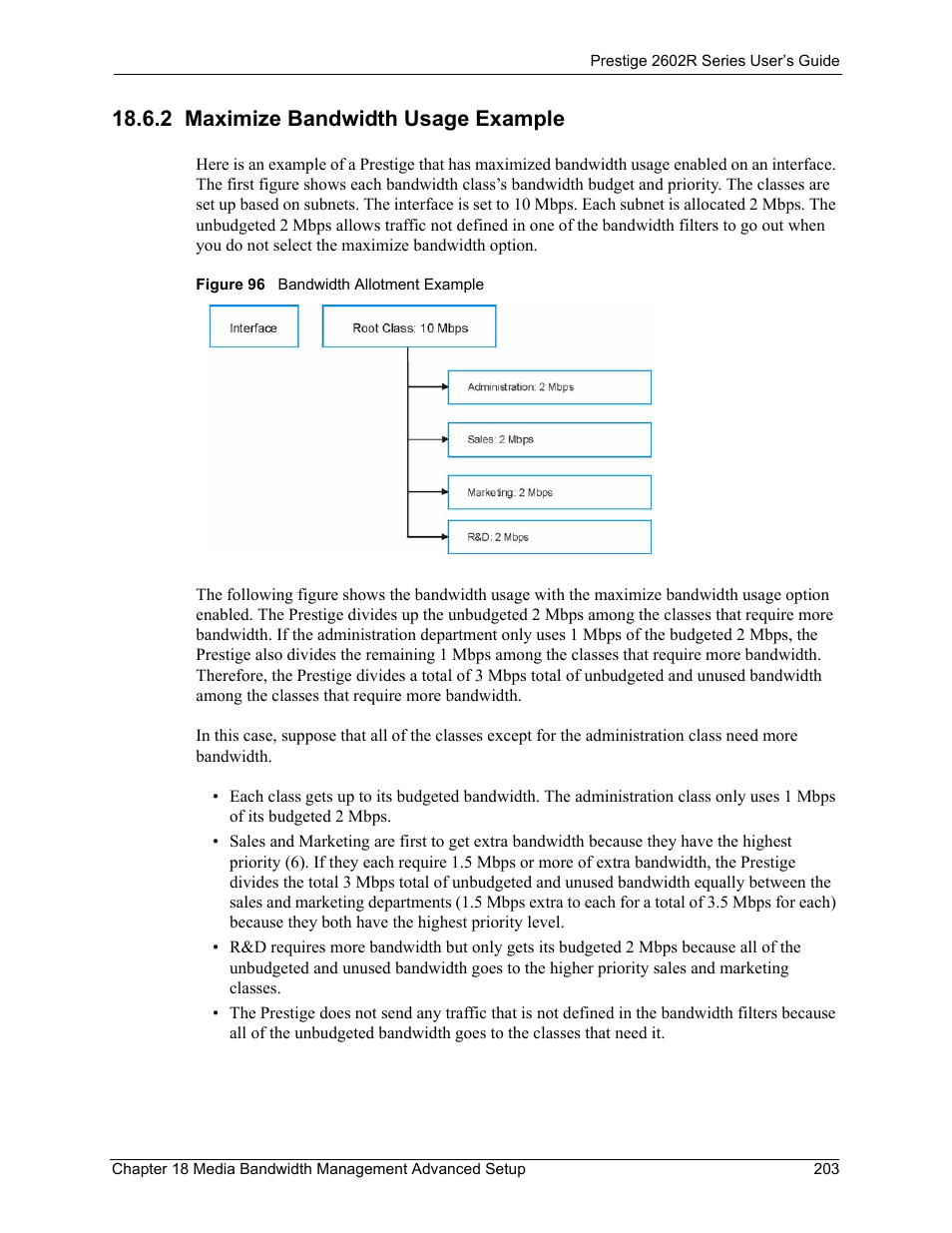 2 maximize bandwidth usage example, Figure 96 bandwidth allotment example | ZyXEL Communications Prestige 2602R Series User Manual | Page 203 / 450