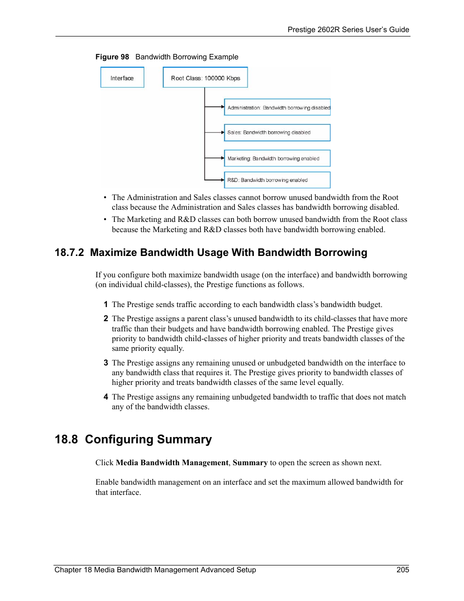 8 configuring summary, Figure 98 bandwidth borrowing example | ZyXEL Communications Prestige 2602R Series User Manual | Page 205 / 450