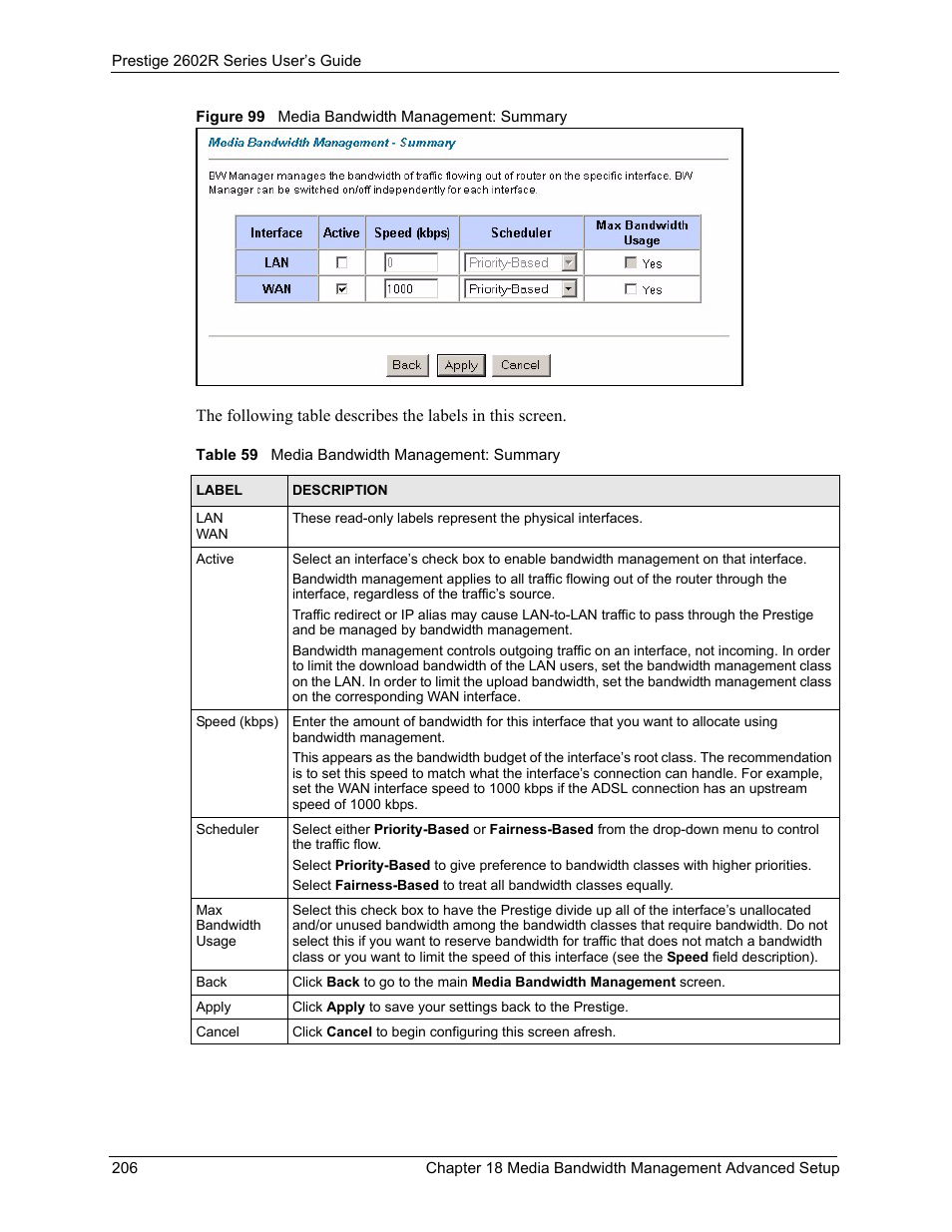 Figure 99 media bandwidth management: summary, Table 59 media bandwidth management: summary | ZyXEL Communications Prestige 2602R Series User Manual | Page 206 / 450