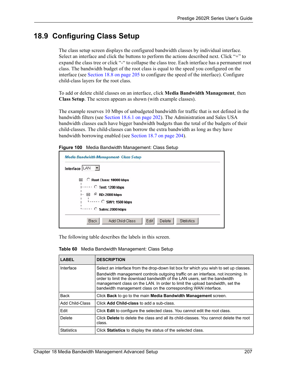 9 configuring class setup, Figure 100 media bandwidth management: class setup, Table 60 media bandwidth management: class setup | ZyXEL Communications Prestige 2602R Series User Manual | Page 207 / 450