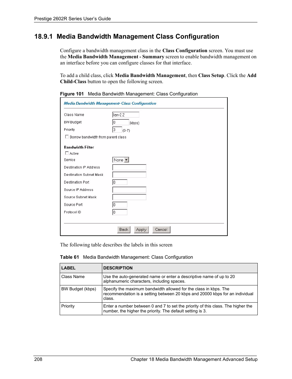 1 media bandwidth management class configuration | ZyXEL Communications Prestige 2602R Series User Manual | Page 208 / 450