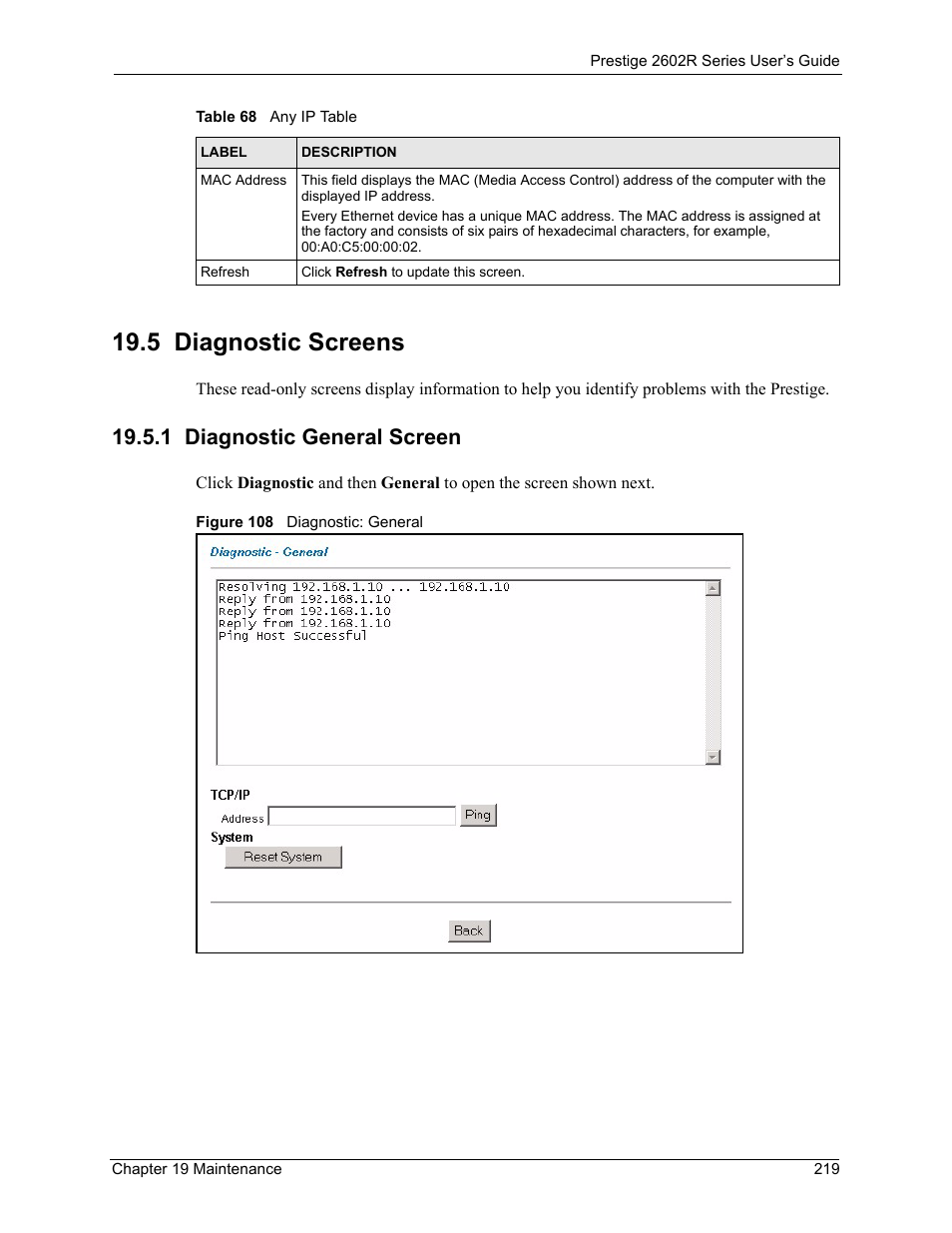 5 diagnostic screens, 1 diagnostic general screen, Figure 108 diagnostic: general | ZyXEL Communications Prestige 2602R Series User Manual | Page 219 / 450