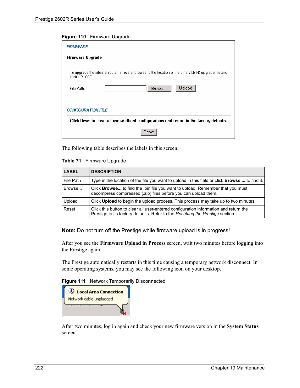 Table 71 firmware upgrade | ZyXEL Communications Prestige 2602R Series User Manual | Page 222 / 450