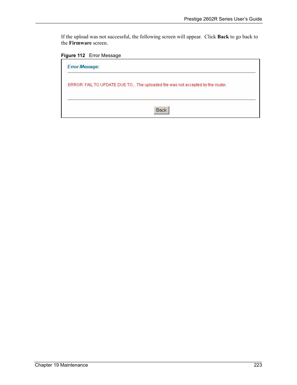 Figure 112 error message | ZyXEL Communications Prestige 2602R Series User Manual | Page 223 / 450