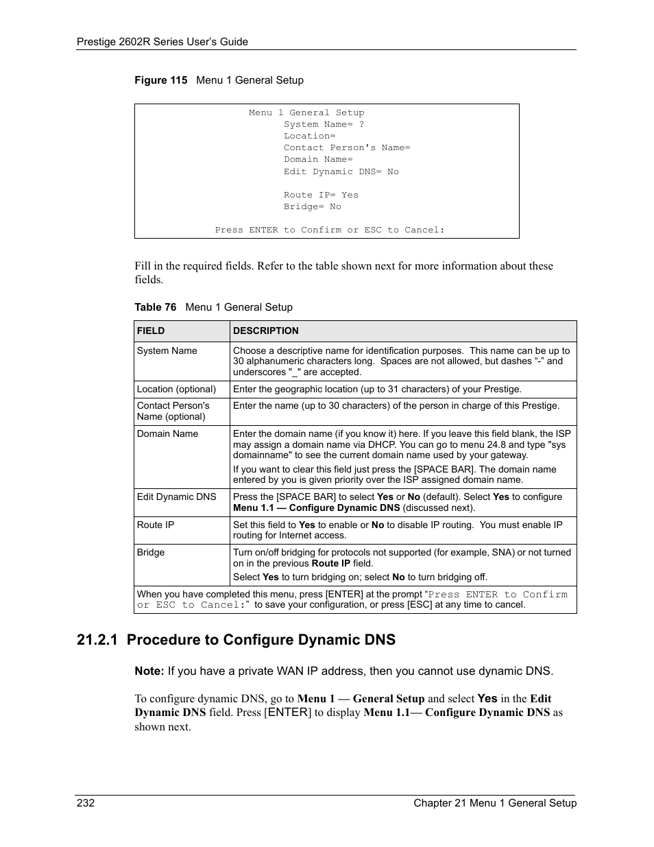 1 procedure to configure dynamic dns, Figure 115 menu 1 general setup, Table 76 menu 1 general setup | ZyXEL Communications Prestige 2602R Series User Manual | Page 232 / 450