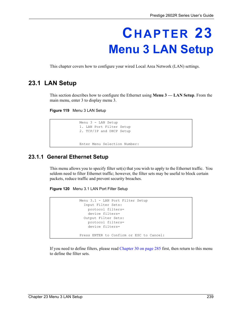 Menu 3 lan setup, 1 lan setup, 1 general ethernet setup | Chapter 23 menu 3 lan setup | ZyXEL Communications Prestige 2602R Series User Manual | Page 239 / 450